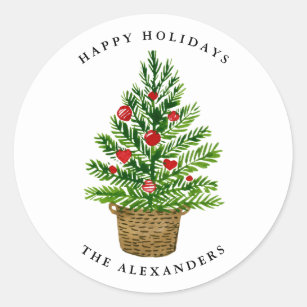 Watercolor Christmas Tree on Wicker Basket Holiday Classic Round Sticker