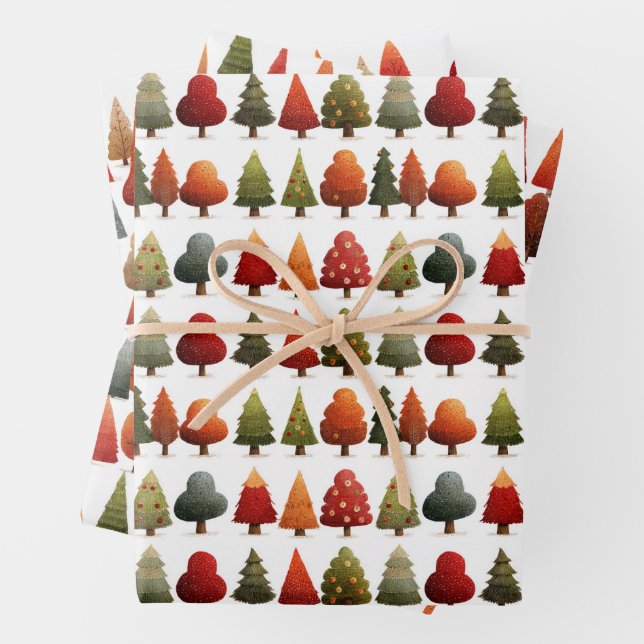 Watercolor Christmas Tree Pattern Festive Xmas Wrapping Paper Sheet (In situ)