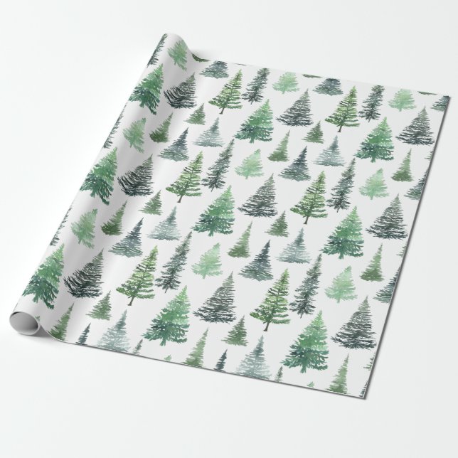 Watercolor Christmas Tree Pattern Wrapping Paper (Unrolled)