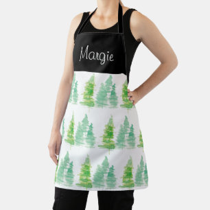 Watercolor Christmas Tree Pine Doodle Art Apron