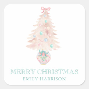 Watercolor Christmas Tree Pink Grandmillennial Square Sticker