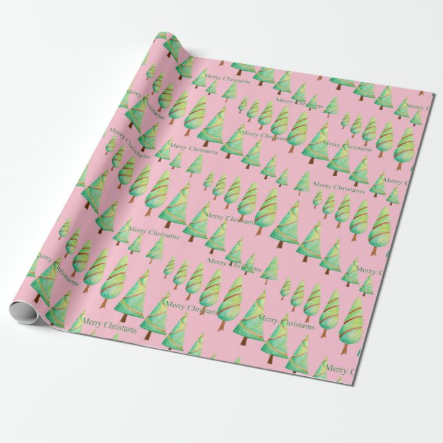 Watercolor Christmas Tree Pink Wrapping Paper (Unrolled)