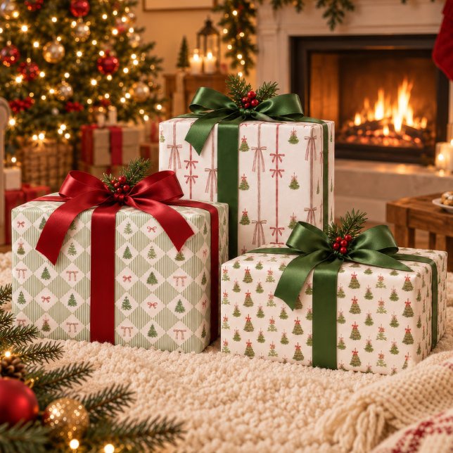 Watercolor Christmas Tree Red Bow Pattern Wrapping Paper Sheet (Creator Uploaded)