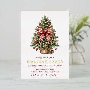 Watercolor Christmas Tree Red Gingham Bow Party