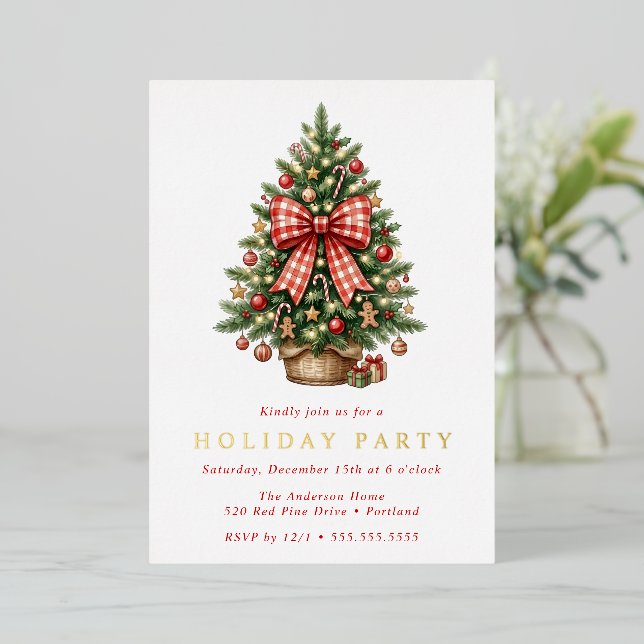 Watercolor Christmas Tree Red Gingham Bow Party (Standing Front)