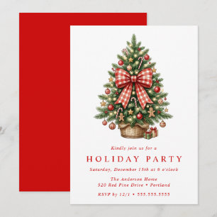 Watercolor Christmas Tree Red Gingham Bow Party Invitation