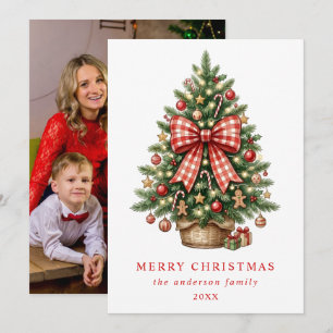 Watercolor Christmas Tree Red Gingham Bow Photo Holiday Card