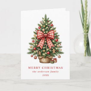 Watercolor Christmas Tree Red Gingham Bow Photo Holiday Card