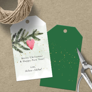 Watercolor 🎄 Christmas Tree & Red Heart Ornament Gift Tags