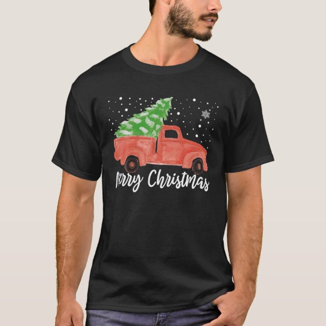 Watercolor Christmas Tree Red Truck Christmas T-Shirt (Front)