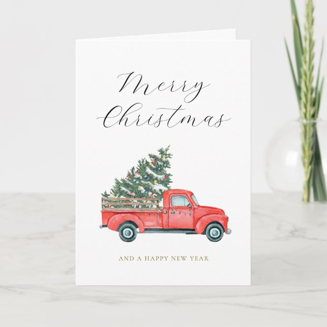 Watercolor Christmas Tree & Red Truck Merry X'mas Card (Front)