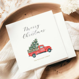 Watercolor Christmas Tree & Red Truck Merry X'mas Napkin