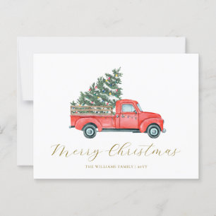 Watercolor Christmas Tree & Red Truck Merry X'mas Postcard