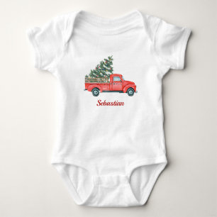 Watercolor Christmas Tree & Red Truck X'mas Name Baby Bodysuit