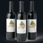 Watercolor Christmas Tree Sleigh Calligraphy Ink Wine Label<br><div class="desc">Modern Elegant Calligraphy Ink Script Watercolor Tree and Wood Sleigh Merry Christmas Wine Label</div>