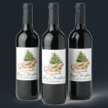 Watercolor Christmas Tree Sleigh Calligraphy Ink Wine Label<br><div class="desc">Modern Elegant Calligraphy Ink Script Watercolor Tree and Wood Sleigh Merry Christmas Wine Label</div>