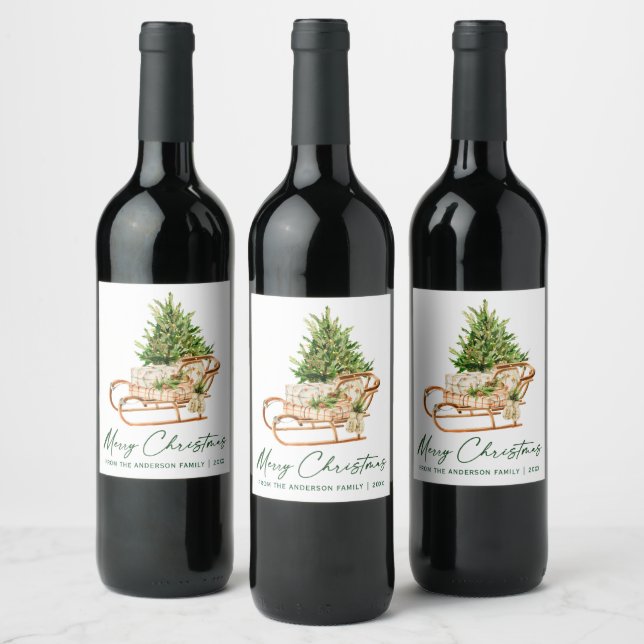Watercolor Christmas Tree Sleigh Calligraphy Ink Wine Label (Bottles)