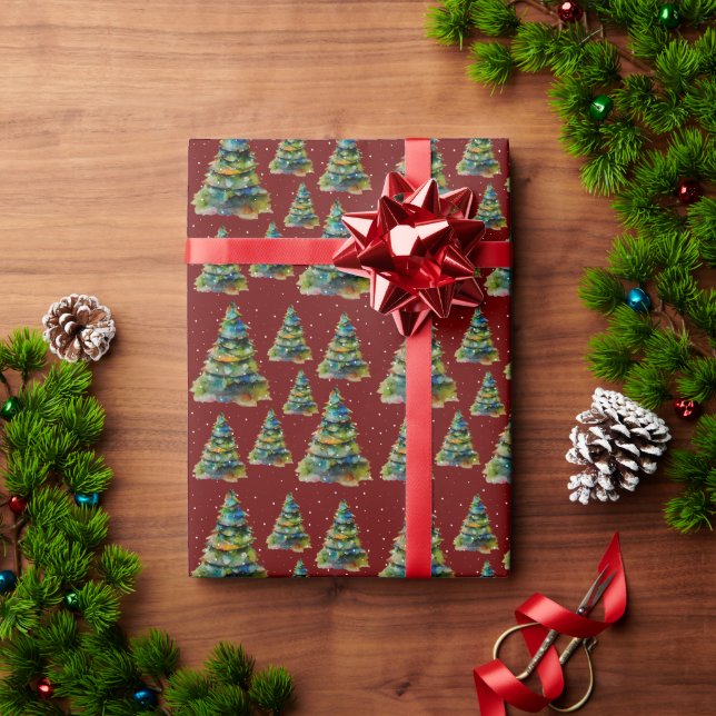Watercolor Christmas Tree Snowflake Drawing  Red Wrapping Paper (Holiday Gift)