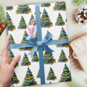 Watercolor Christmas Tree Snowflake Drawing Wrapping Paper