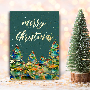 Watercolor Christmas Tree Snowflakes Green Gold Foil Holiday Card