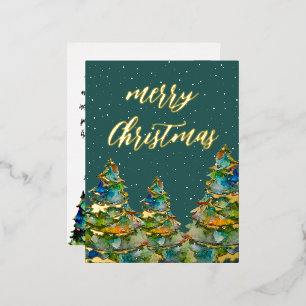 Watercolor Christmas Tree Snowflakes Green Gold  Foil Holiday Postcard