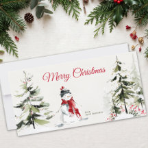 Watercolor Christmas Tree Snowman Red Scarf Winter