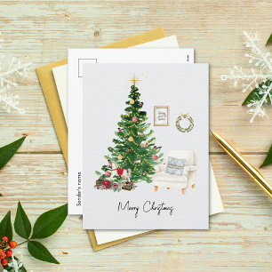 Watercolor Christmas Tree & Sofa Chair Christmas  Holiday Postcard