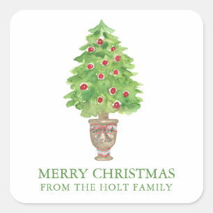 Watercolor Christmas Tree Topiary Gift Square Sticker