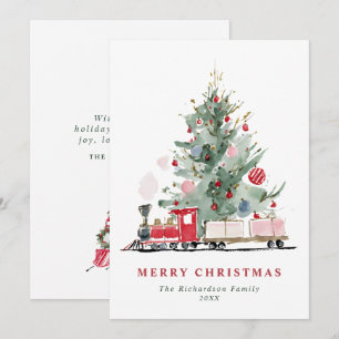 Watercolor Christmas Tree Toy Train Holiday Card