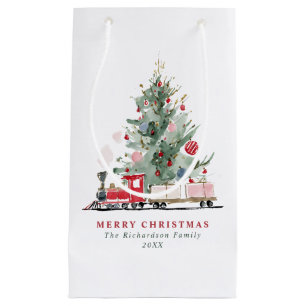 Watercolor Christmas Tree Toy Train Small Gift Bag