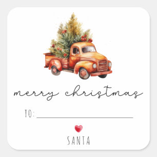 Watercolor Christmas Tree Truck Merry Christmas Square Sticker