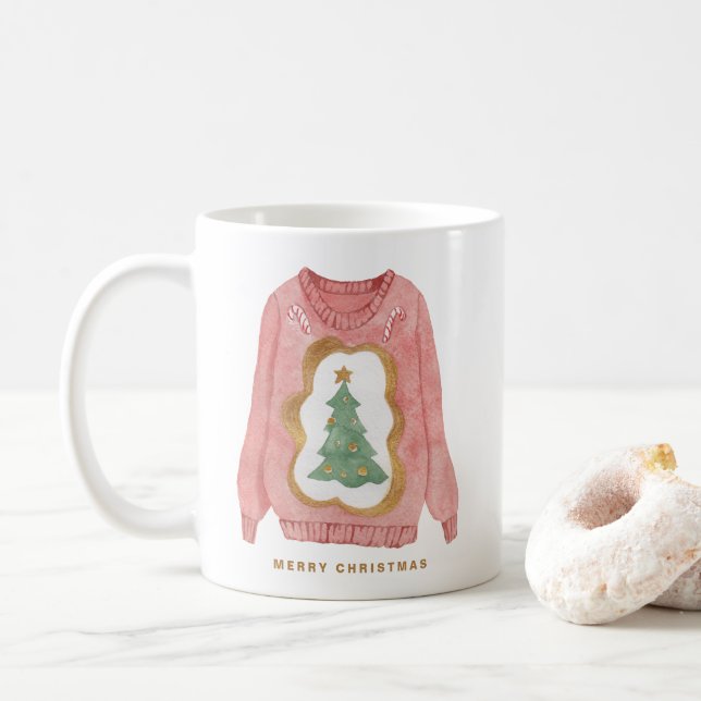Watercolor Christmas Tree Ugly Sweater Holiday Coffee Mug (With Donut)