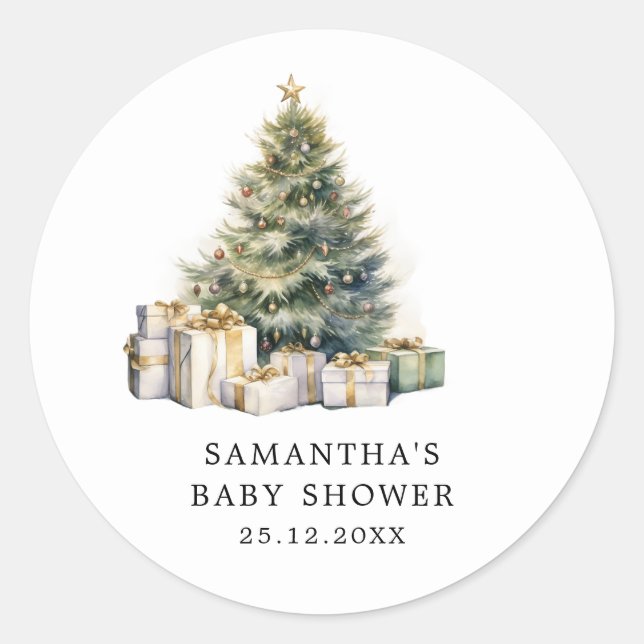 Watercolor Christmas Tree Winter Baby Shower  Classic Round Sticker (Front)