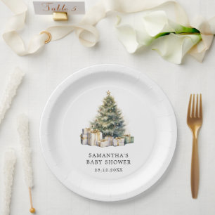Watercolor Christmas Tree Winter Baby Shower Paper Plate