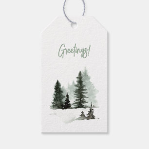 Watercolor Christmas Tree Winter Scene Greetings Gift Tags