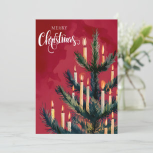 Watercolor Christmas tree with candles vintage Holiday Card