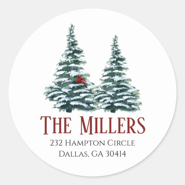 Watercolor Christmas Tree with Cardinal Classic Round Sticker (Front)