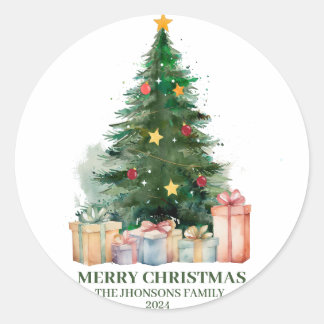 Watercolor Christmas Tree with Gifts Classic Round Sticker