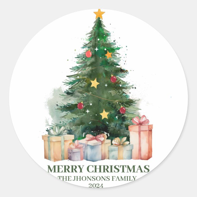 Watercolor Christmas Tree with Gifts Classic Round Sticker (Front)