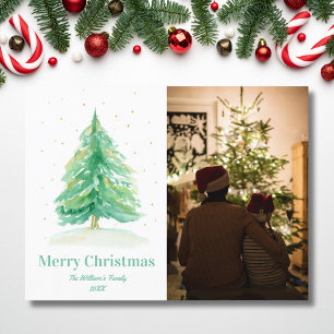 Watercolor Christmas Tree With Gold Snow Holiday Postcard
