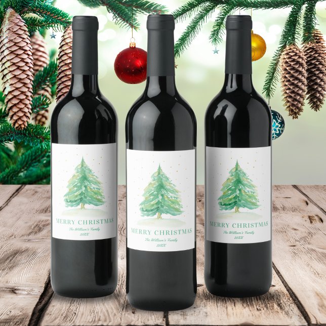 Watercolor Christmas Tree With Gold Snow Wine Label (Creator Uploaded)