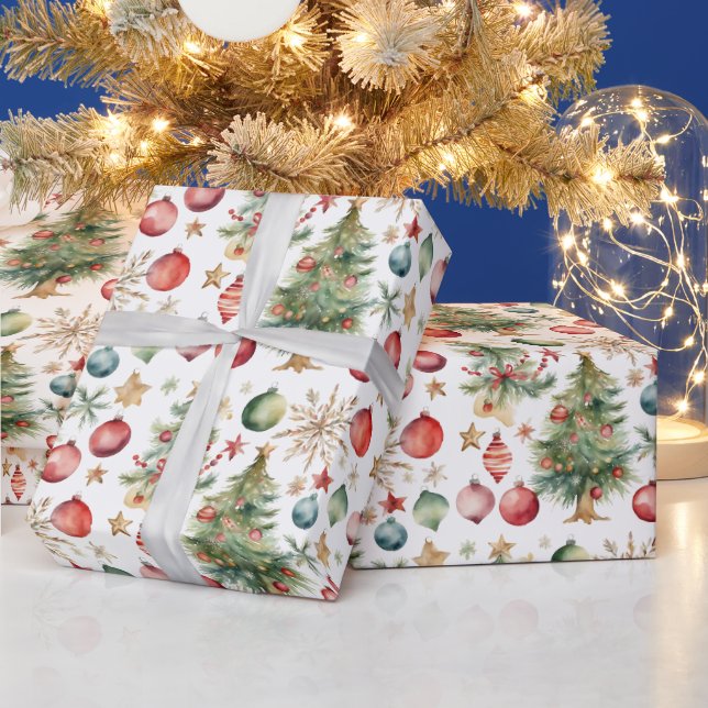 Watercolor Christmas Tree with Ornaments Wrapping Paper (Holidays)