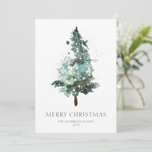 Watercolor Christmas Tree with Sparkle Holiday Card (Standing Front)
