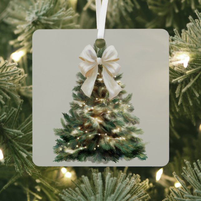 Watercolor Christmas Tree with White Bow Ornament (Insitu)