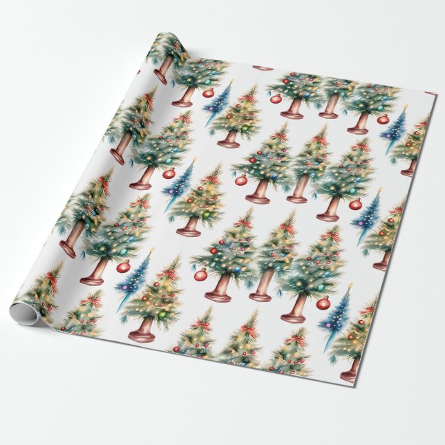 Watercolor Christmas Tree Wrapping Paper (Unrolled)