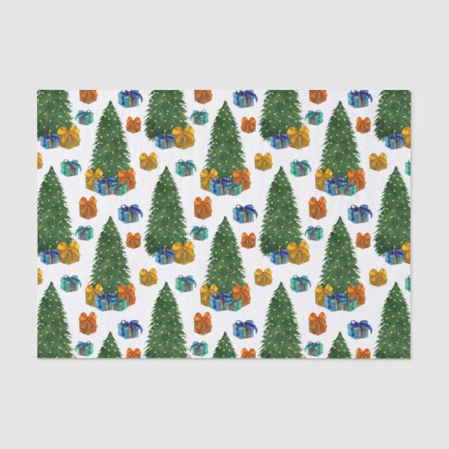 Watercolor Christmas Trees and Gift Boxes  Tissue Paper (Front)