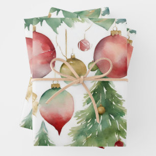 Watercolor Christmas Trees and Ornaments Abstract Wrapping Paper Sheet