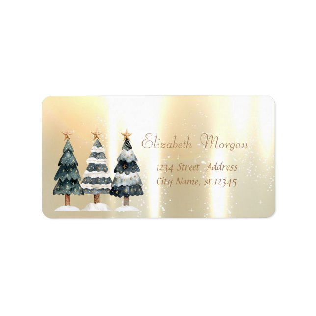 Watercolor Christmas Trees Elegant Gold Label (Front)