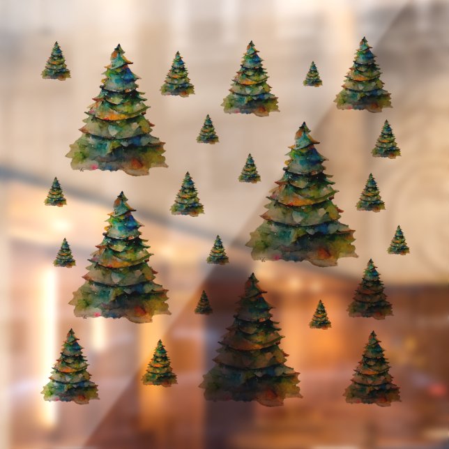 Watercolor Christmas Trees Festive Holiday Pattern Window Cling (Sheet 2)