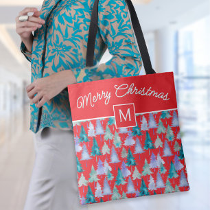 Watercolor Christmas Trees Festive Red Monogrammed Tote Bag